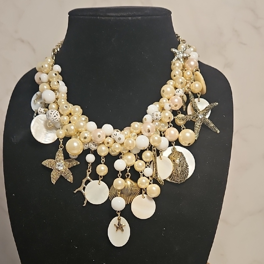 Gold and White Starfish Charm CHA CHA Necklace 21"